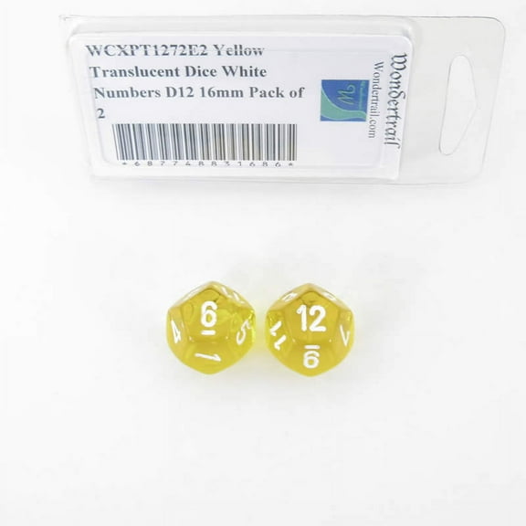 Yellow Translucent Dice with White Numbers D12 Aprox 16mm (5/8in) Pack of 2 Wondertrail