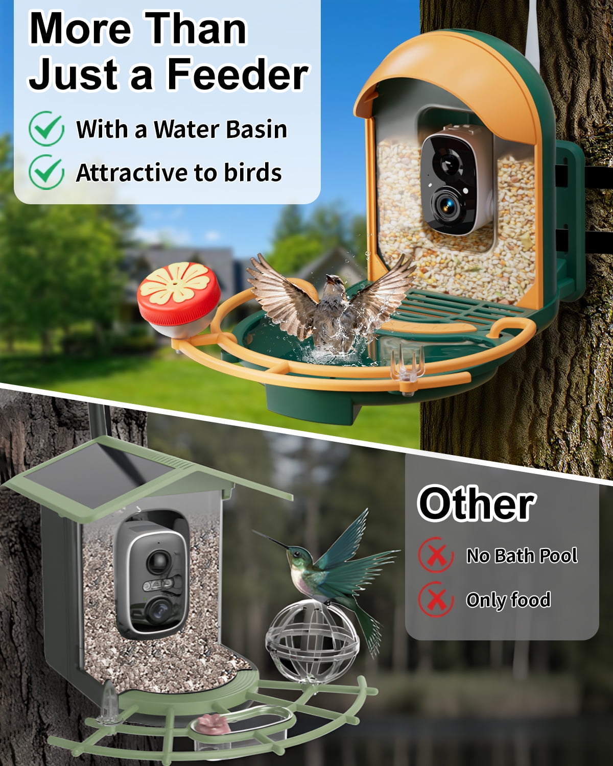 Bird Feeder with Camera, 2K HD Camera Birds Feeder with Bath Wireless Outdoor, Solar Powered Bird Watching with APP Control, Night Vision, Motion Detection Alerts, Birdfeeder for Backyard, Dark Green
