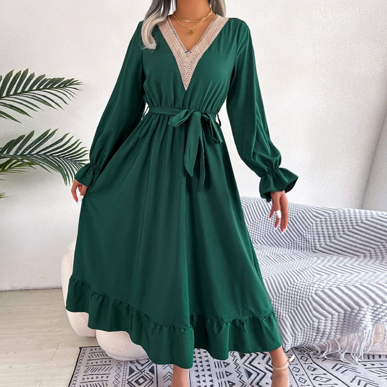 Kaemgyyd Women's Boho Dress V Neck Long Sleeve Belted Ruffle Hem
