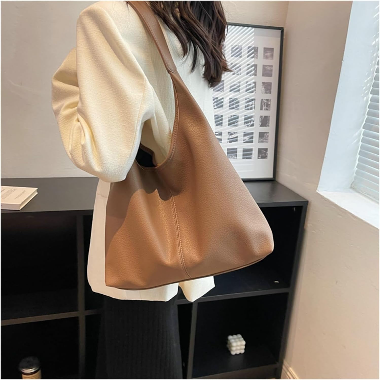 HLSOHJP Slouchy Hobo Bags for Women Tote Bag Retro PU Leather Crossbody Purse Soft Shoulder Purses 2pcs Work College Handbags