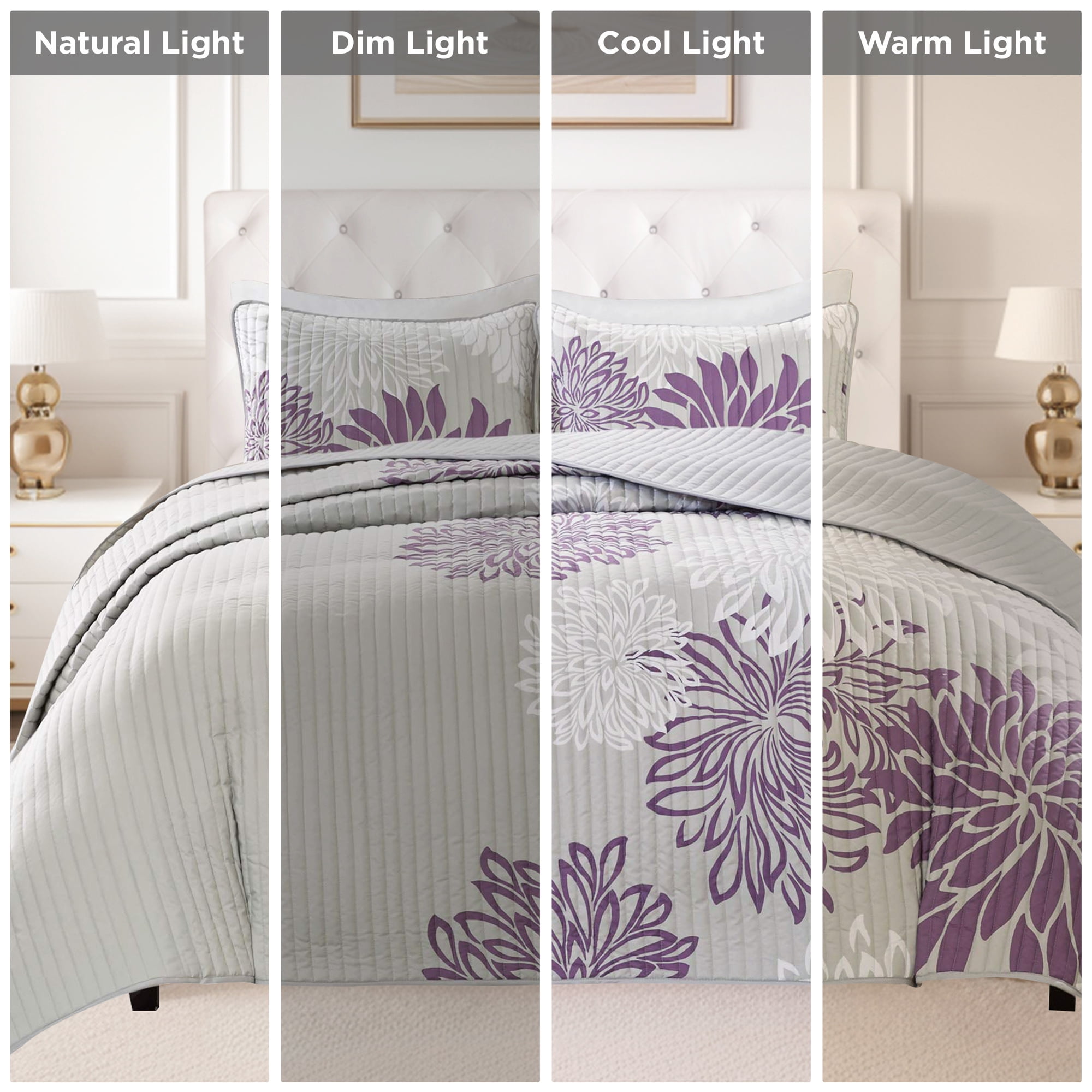 Comfort Spaces Full/Queen Size Quilt Set, 3-Piece Floral Bedspread Bedding Set, Purple and Gray Coverlet Set for All Season, Lightweight Comforter Set