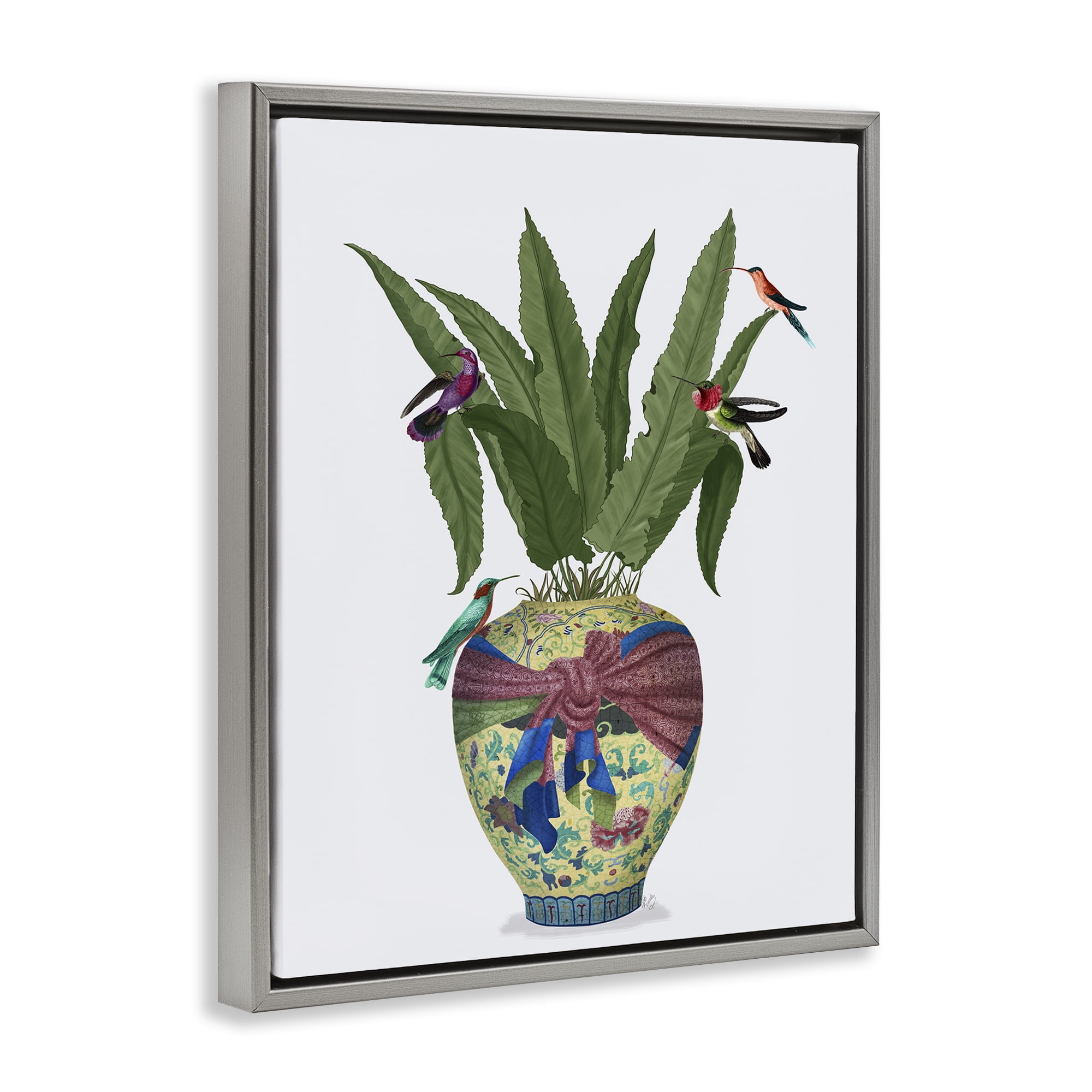 Stupell Industries Traditional Birds on Planter Botanical & Floral Painting Gray Floater Framed Canvas Art Print Wall Art, 17 x 21