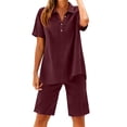 thumbnail image 2 of KIHOUT Women's Summer Casual Two Piece Outfit Short Sleeve Lapel Button V Neck Top and Shorts Set Loose Fit Breathable Cotton Linen Blend Tracksuit for Daily Vacation, 2 of 8