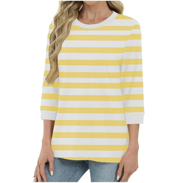 Soki Womens 3/4 Sleeve Striped Crewneck T-Shirts Color Block Short Sleeve Tops Casual Basic Tee