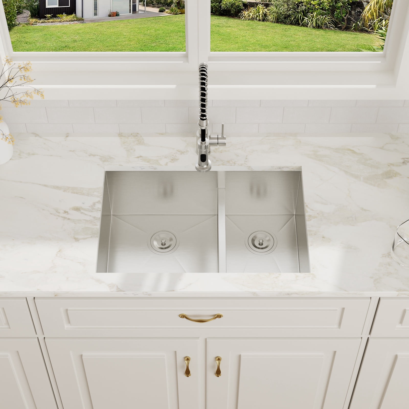 30 in. Undermount 60/40 Double Bowl 16-Gauge Stainless Steel Low Divided Kitchen Sink with 2 Pcs Bottom Grids/Drains