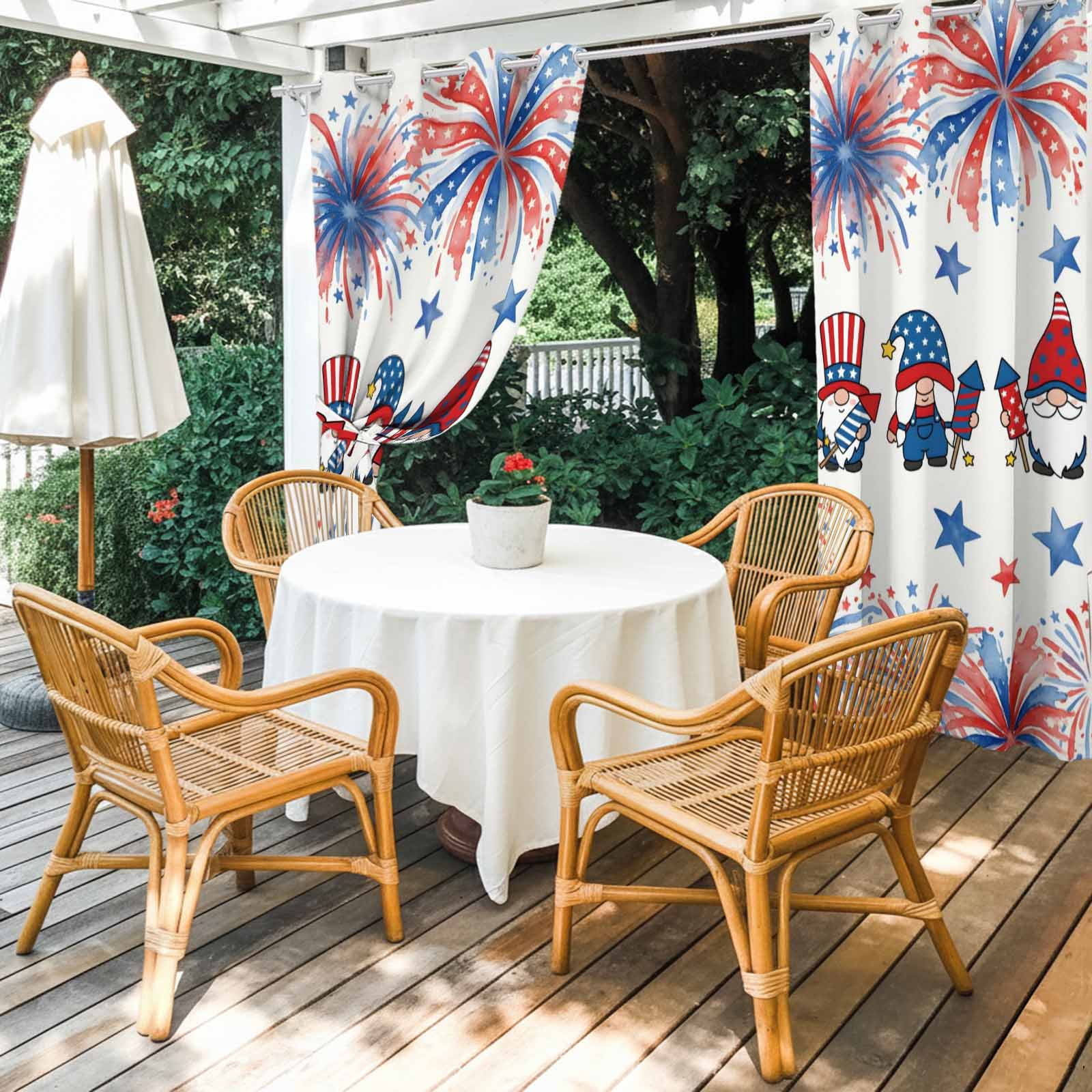 Independence Day Outdoor Curtains for Patio, American Flag Gnome Red Blue Fireworks Country Sunshade Privacy Drapes Grommet Waterproof Outside Curtains for Porch/Cabana/Balcony 54"x 108", 1 Panel