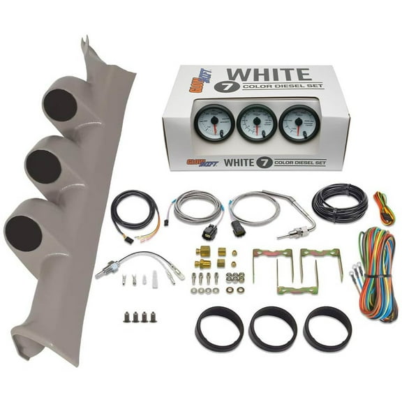 GlowShift | 2008-2010 Ford Super Duty 6.4 Powerstroke Gray Triple Gauge Pillar Pod with White 7 Color Series 60 PSI Boost Gauge, 1500F Pyrometer EGT Gauge & Transmission Temperature Gauge