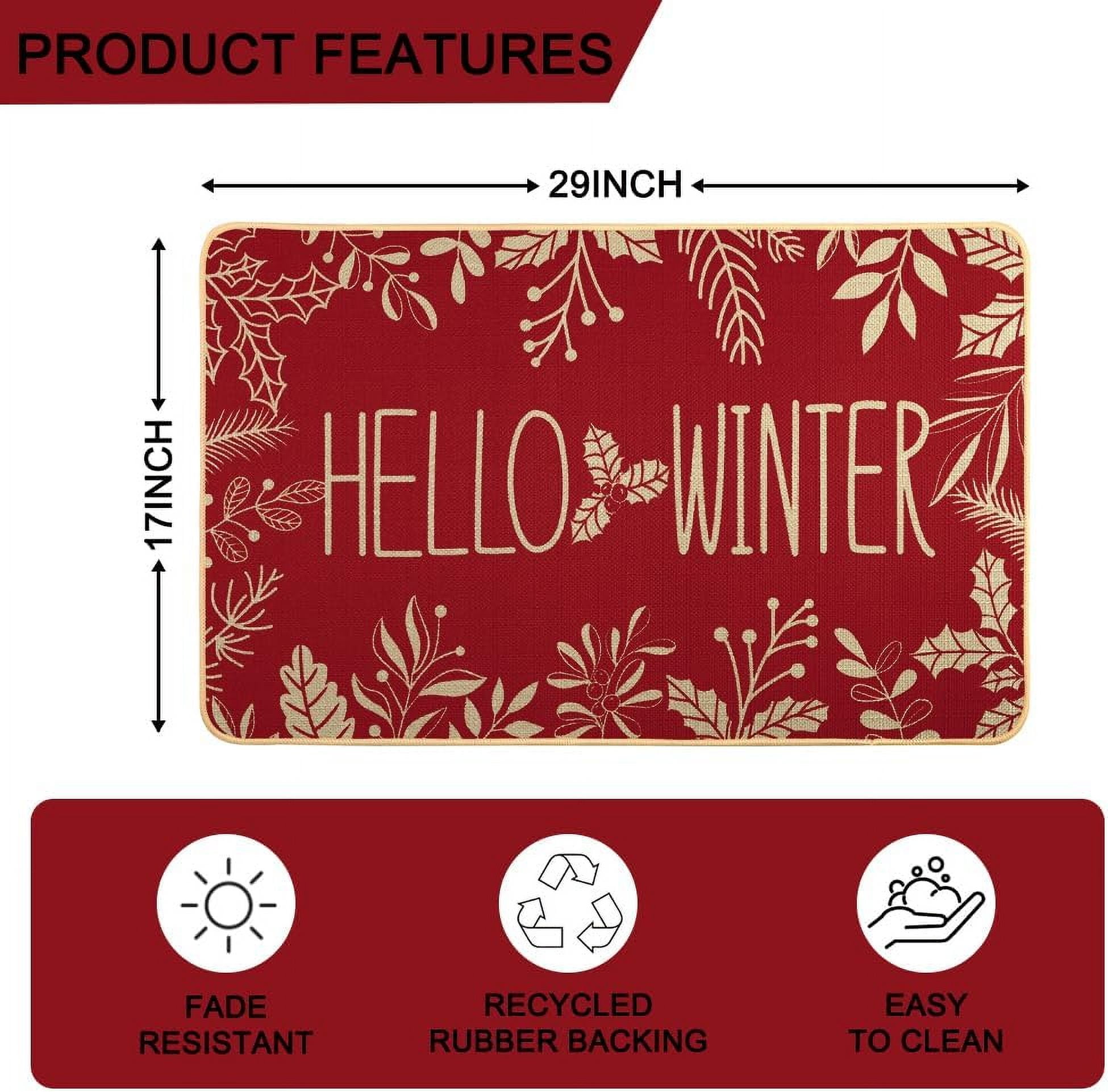 Hello Winter Door Mat Welcome Doormat, Winter Christmas Red Outdoor Rug Leaves Decor Floor Front Door Mat Non-Slip Entrance Mat for Home Kitchen Bathroom Decorations 17 X 30 Inch