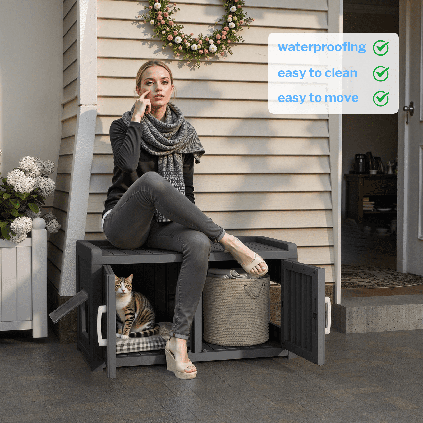 Resin Cat Litter Box Enclosure - Hidden Multi-Functional Furniture with Double Doors, Waterproof UV-Resistant, Spacious Odorless Design for Indoor Outdoor Use