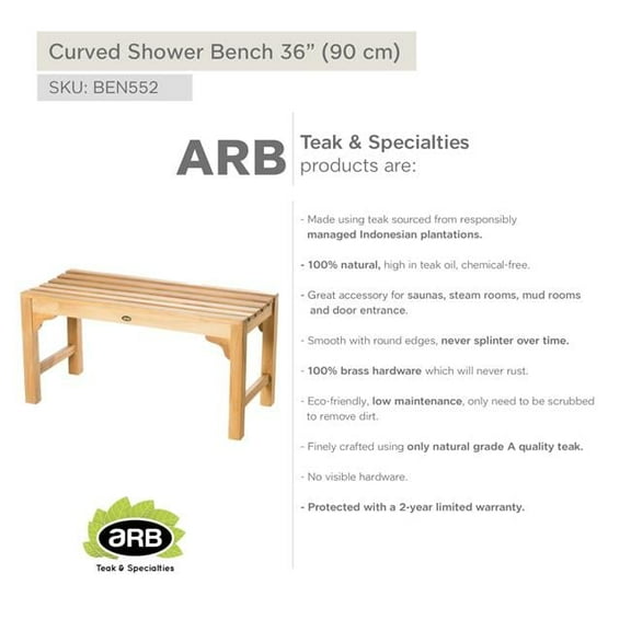 ARB TEAK & SPECIALTIES BEN552 Teak Shower Bench Curved 36' (90 cm)