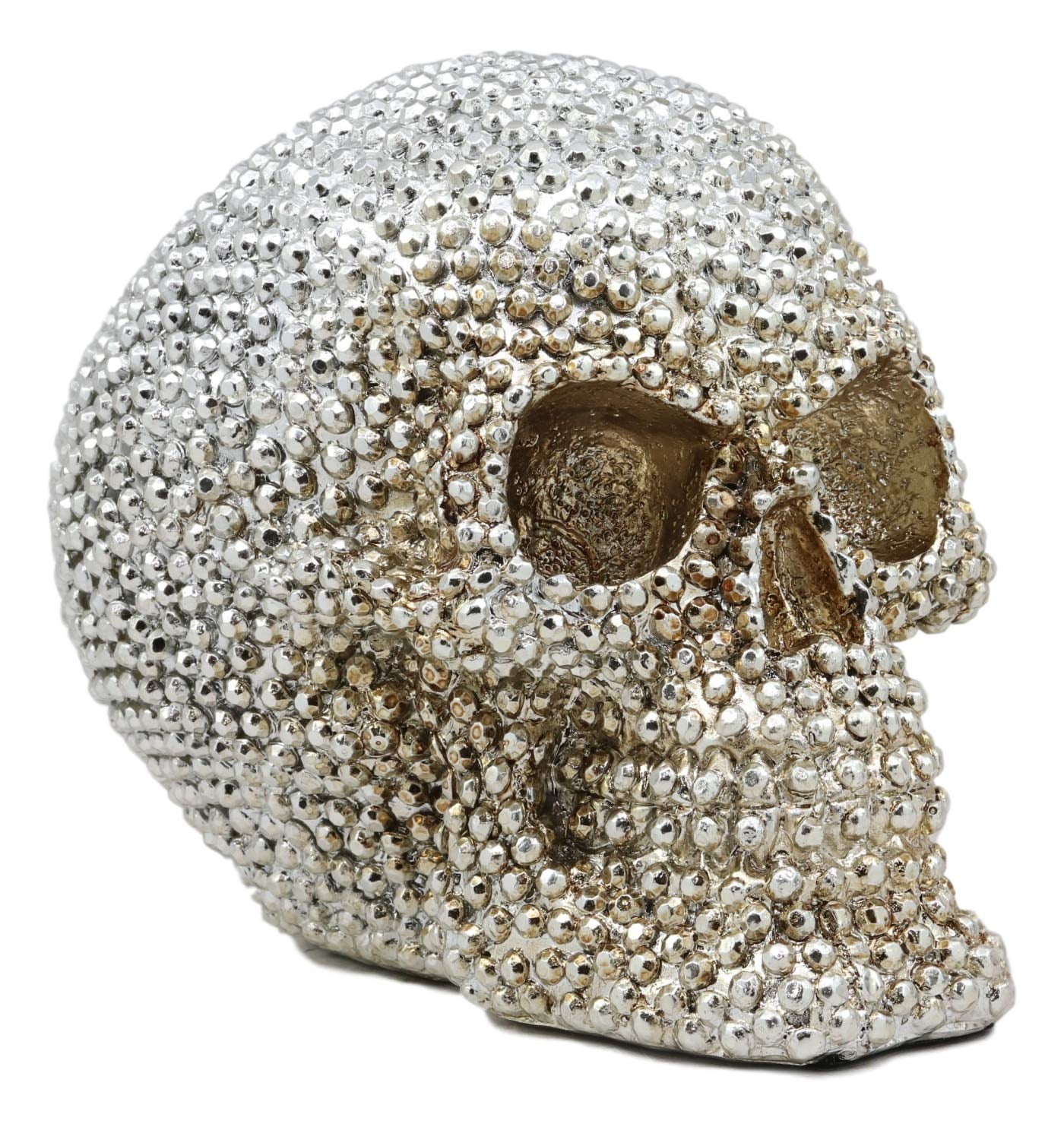 Ebros Gift Realistic Chrome Silver Bead Stone Bling Skull Figurine 6.25' Long Decorative Collectible Gemstone Replica Skulls Halloween Day of The Dead Sculpture