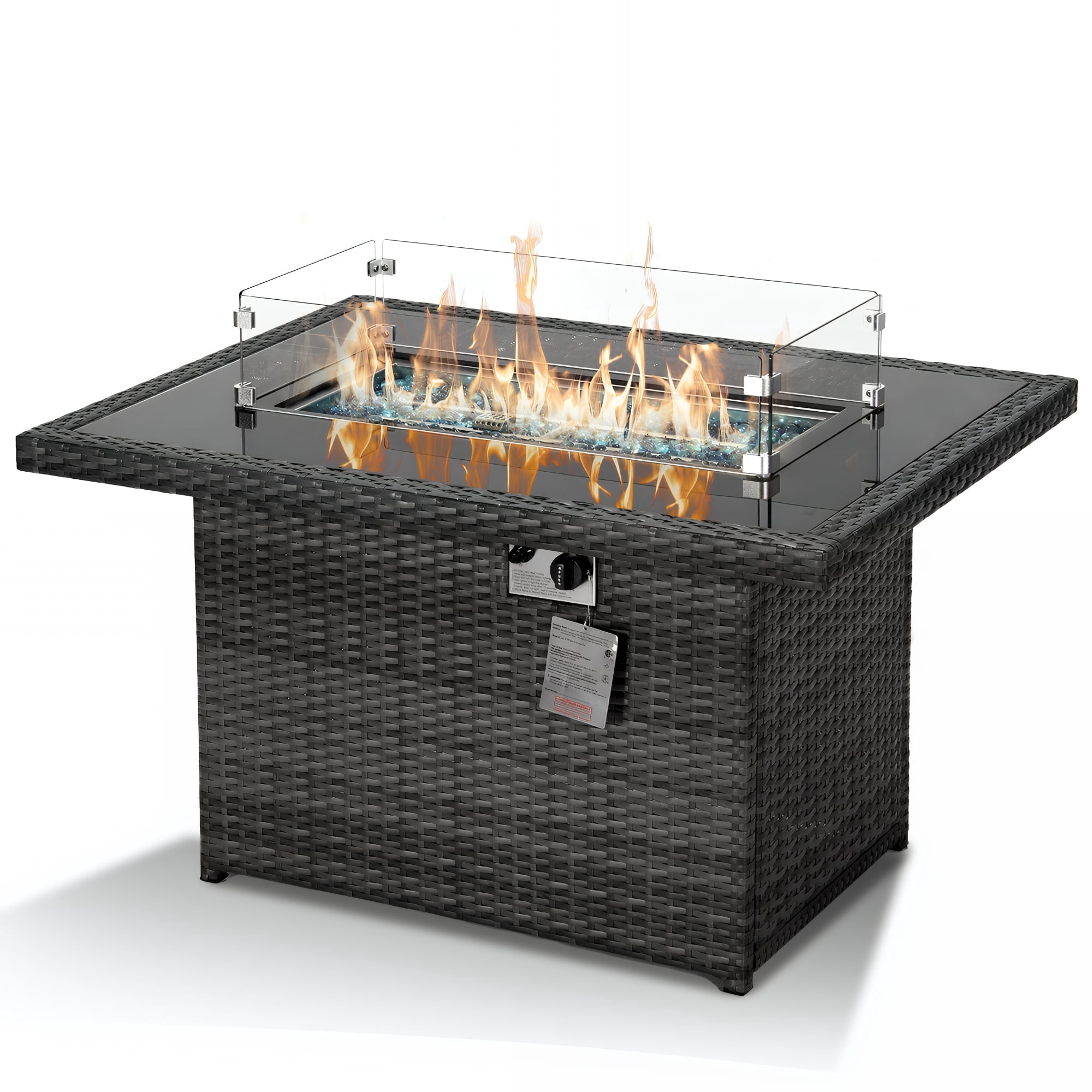RADIATA 43" Wicker Propane Fire Pit Table, 60000 BTU Outdoor Rectangle Gas Firepit with Wind Guard, Glass Rocks & Cover, CSA Certified Patio Fire Table for Backyard Deck Garden, Gray