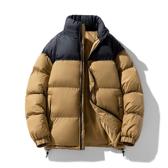 hoksml Men's Long Sleeve Puffer Jacket Color Block Stand Collar Winter Coat with Zippered Pockets