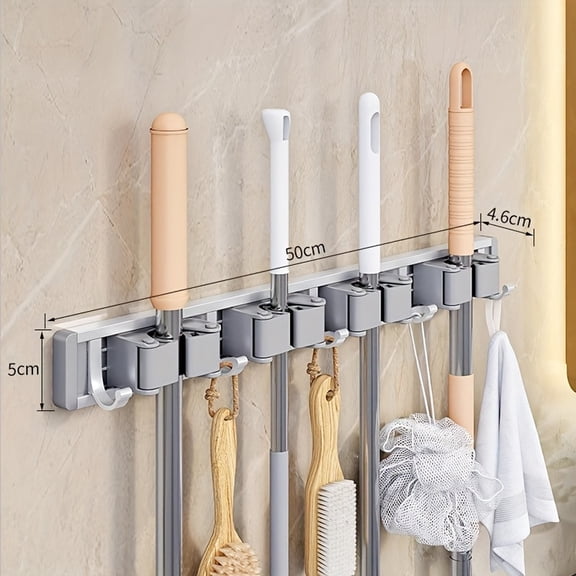 Silvery 5 Hooks 4 Clips,Heavy-duty Golden Metal Mop And Broom Holder with Adjustable Hooks - Wall-mounted Organizer for Home, Kitchen, Garden, Laundry Room, Garage - Durable Tool And Equipment Storag