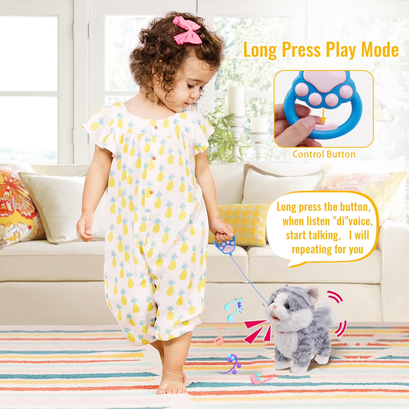 COOLHOOD Realistic Walking Cat Toy Electronic Plush Pet Leash Control Cat Toy Interactive Crawl Learning Toy Toddler Fun