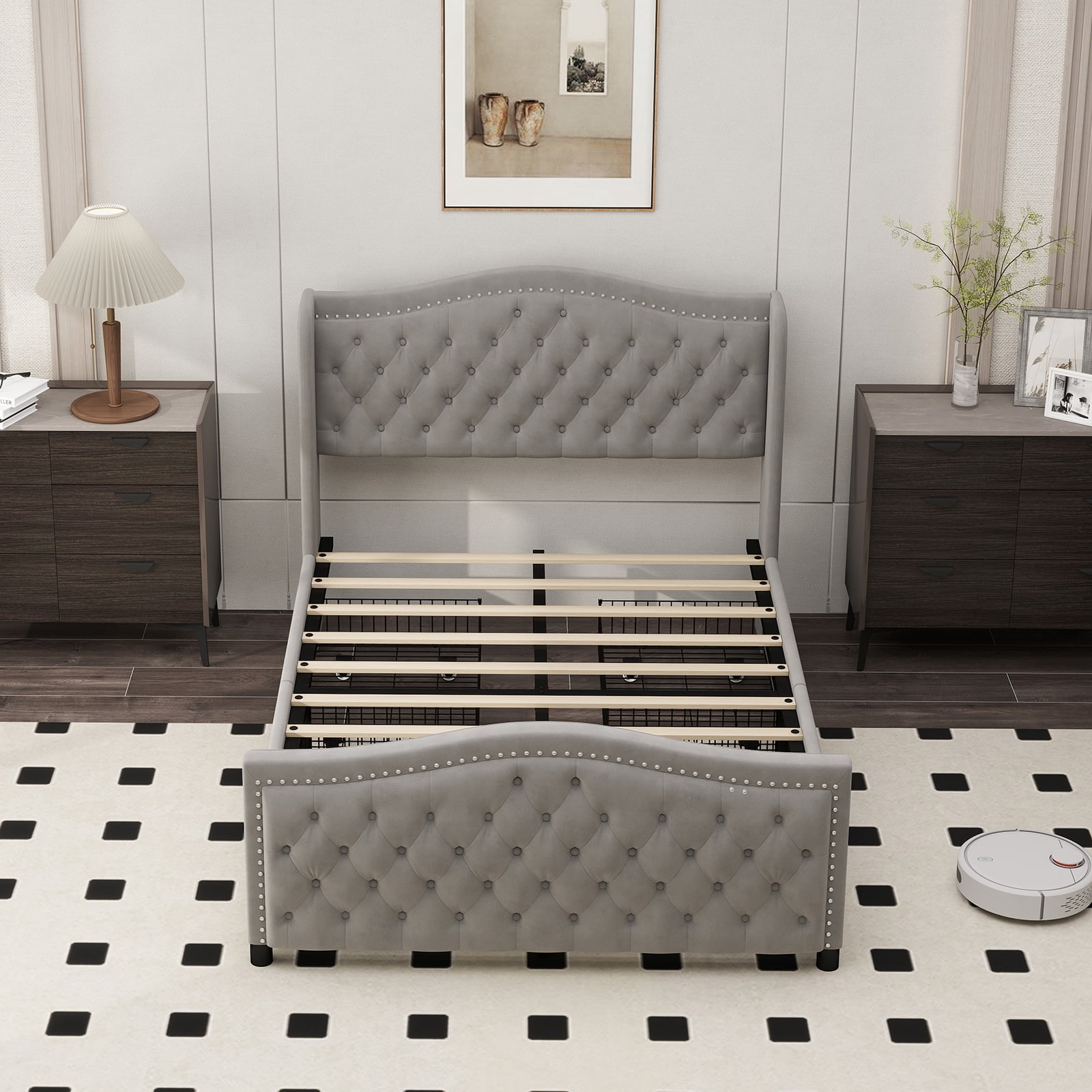 Bonzy Home Platform Bed Frame Full Size Velvet Upholstered Sleigh Bed with Scroll Wingback Headboard & Footboard/Button Tufted with Storage Easy Assembly Gray