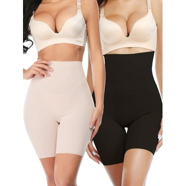 QRIC 2 Pack Slip Shorts Shapewear for Women Tummy Control Underwear High Waisted Shaping Panties Body Shaper Thigh Slimmer Black/Beige