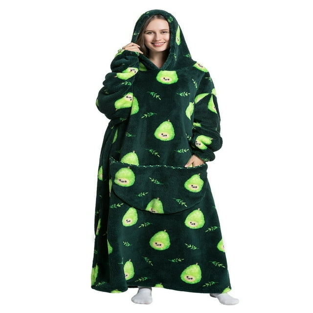 EIMELI Couverture à Capuche Surdimensionnée pour Femmes, Robe Longue en Polaire Duveteuse, Couverture Imprimée Dessin Animé avec Poche avant, Robe de Pyjama d'Hiver, Vêtements de Nuit