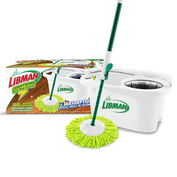 Libman Microfiber All-in-One Lightning Spin Mop System with Compact Bucket for Easy Cleaning