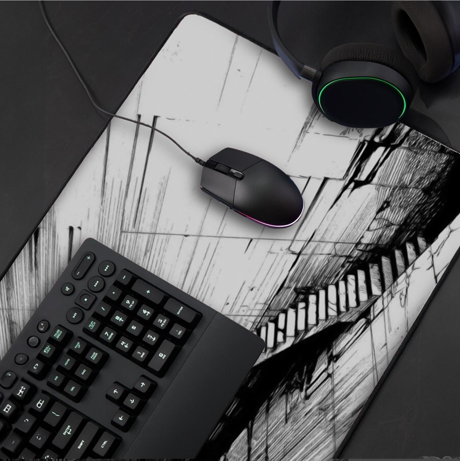 Futuristic Tunnel Design Gaming Mousepad, Large Desk Mat with Abstract Black and White Art, Anti-Slip Rubber Base Anime Desk Pad