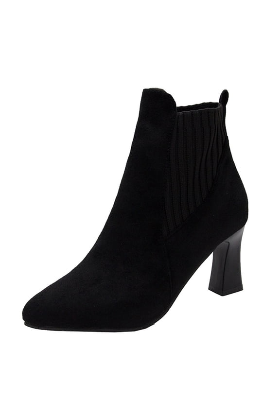 Women's Ankle Boots Pointed Toe Suede Block Heel Booties Elastic Side Zipper Comfortable Dress Boots Fall Winter Shoes Black 36