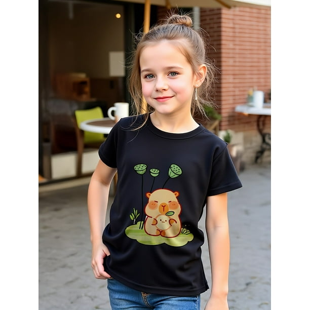 Girls' Summer Cute Capybara Boba Tea T-Shirt, Pink, White, Black Cotton, Short Sleeve, Round Neck, Casual Top for All Seasons, Capybara Tee | Whimsical Design | Smooth Texture, Capybara Tee, Girls' F