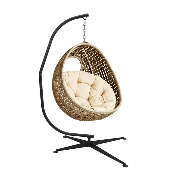 GloryStar Foldable Egg Swing Chair with Stand – Rattan Wicker Hanging Chair, Indoor/Outdoor Lounger with Footrest, UV Resistant Cushion, 500lbs Capacity