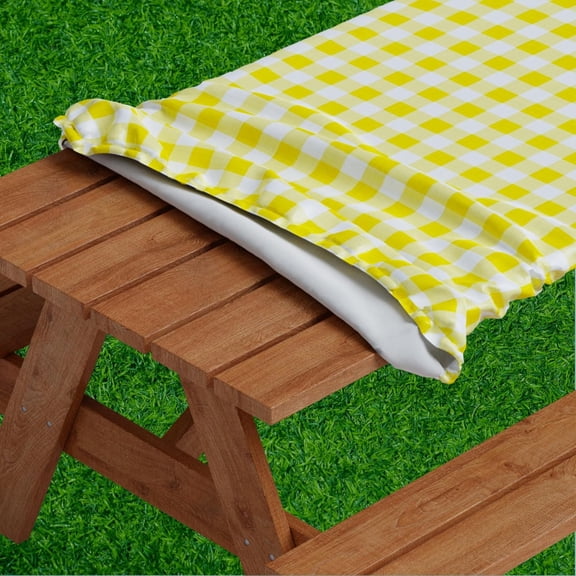 MorandiMal Picnic Tablecover -Fitted with Elastic, Vinyl with Flannel Back, Fits for Table 96"x 30" Rectangle,Water Proof, Easy to Clean, Checked Yellow Design
