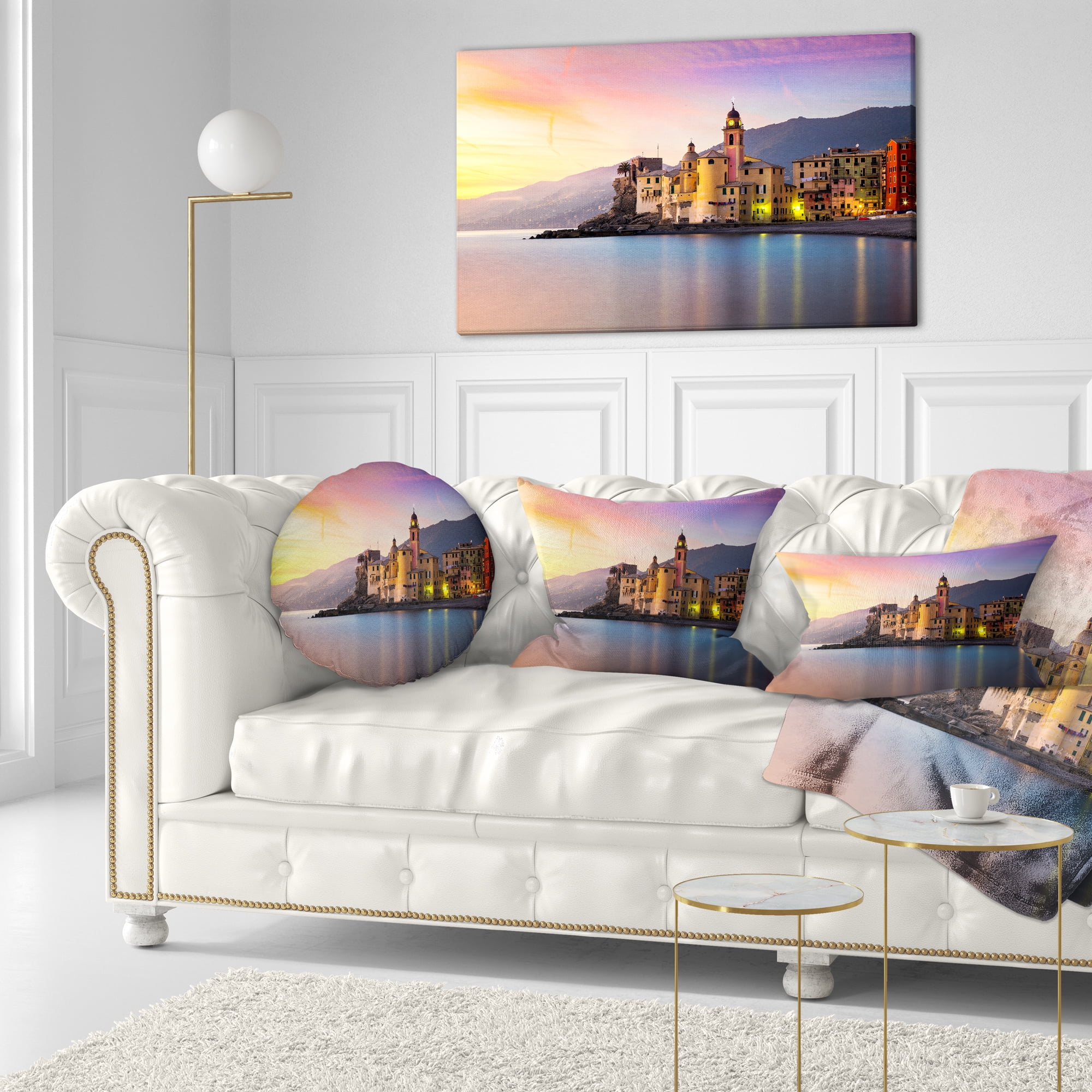 Designart Old Mediterranean Town at Sunrise - Seashore Throw Pillow - 12x20
