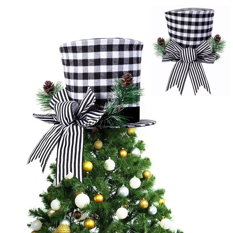 Christmas Tree Topper Hat Clearance, Black White Plaid Bowler Hat Red Bows Santa Tree Topper