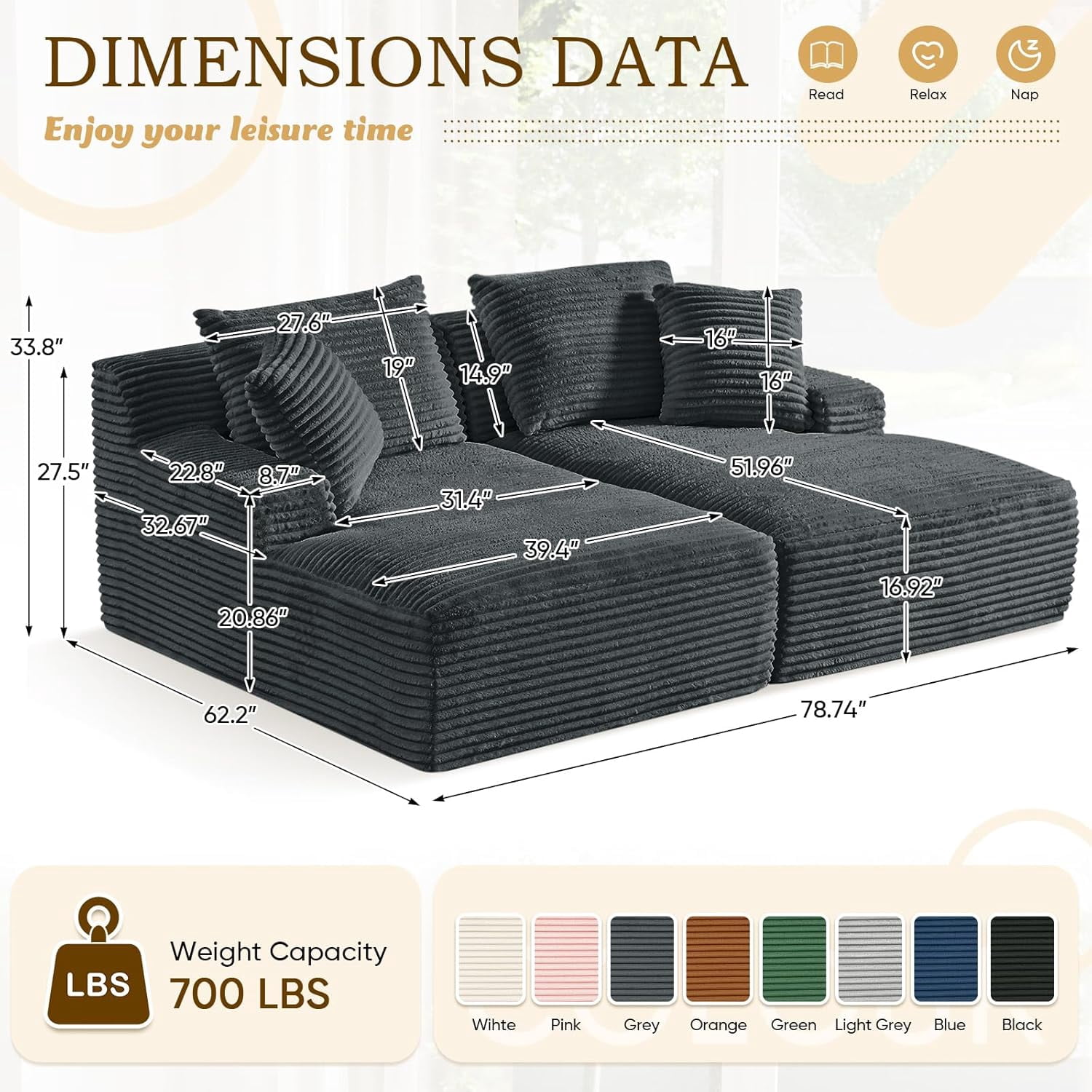 AENKYO Compressible Double Chaise Lounge Sectional Couch - Fluffy Upholstered 2-Seater Loveseat for Living Room, Bedroom, No Assembly Required, Dark Gray