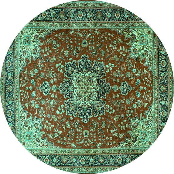 Ahgly Company Indoor Round Medallion Turquoise Blue Traditional Area Rugs, 4' Round
