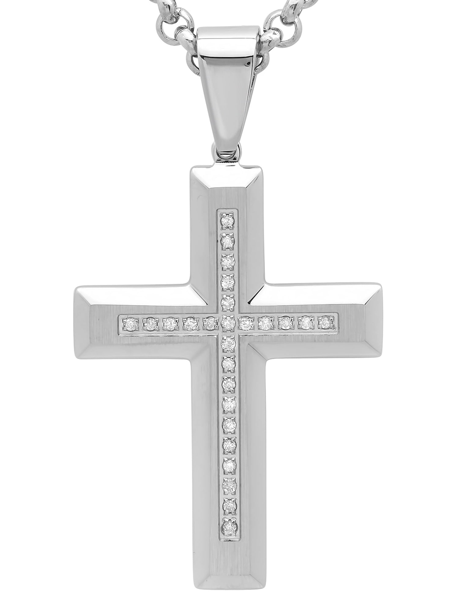 Men's Stainless Steel Diamond Cross with 24" Rolo Chain Mens Pendant by C&C JEWELRY MFG INC