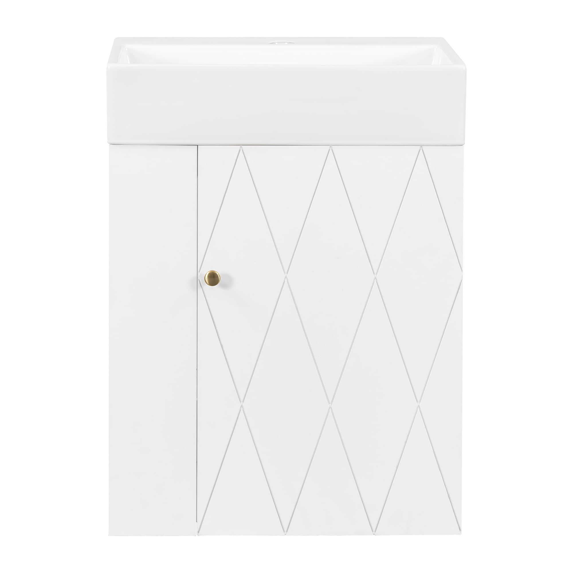 20 Inch Bathroom Vanity with Ceramic Sink, Diamond Pattern Door Design, Gold Handle & Side Storage Shelves – Modern Small Space Cabinet with Towel Bar, MDF Construction