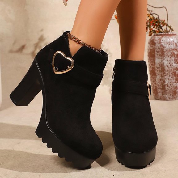 Taqqpue Boots for Women Ankle Booties Women's Heel Ankle Boots With Metal Heart Embellishment Plus Size Winter Style Comfortable Height-Increasing Thick-Soled Short Boots Women' for Women