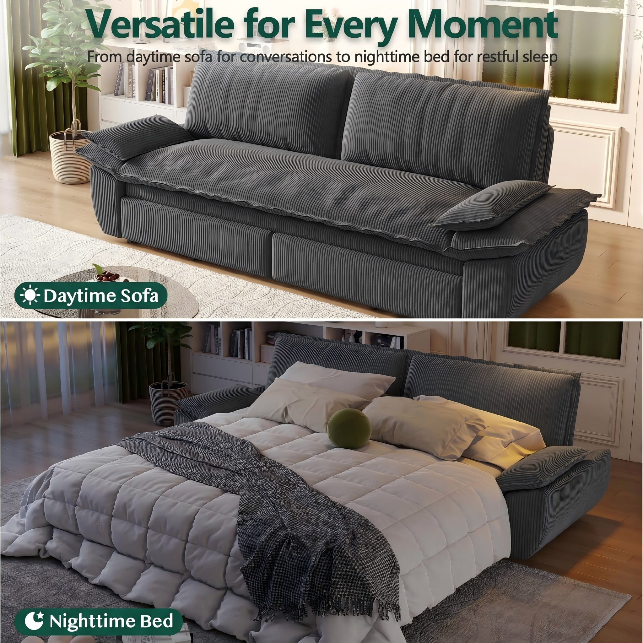 Multi-Functional Corduroy Convertible 3-in-1 Sofa Bed, Queen Size Loveseat Sleeper Couch, Dark Grey