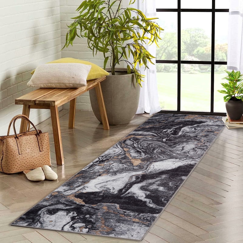 2'x6' Runner Rug – Soft Modern Abstract Boho Washable Low-Pile Carpet, Non-Slip for Entryway, Bedroom, Office & Dining Table Black