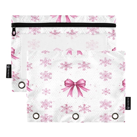 Christmas Pink Snowflakes Bows Binder Pouches Zipper Pocket Document Storage 3 Rings 2 Packs A5 Size