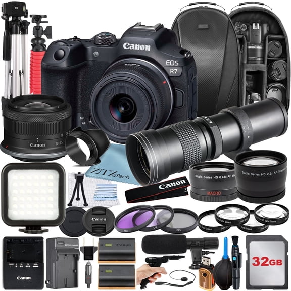 Canon EOS R7 Mirrorless Camera with RF-S 18-45mm   420-800mm Super Telephoto Zoom Lens   32GB Memory Card   Backpack   Tripod   ZeeTech Accessory Bundle (International Version)