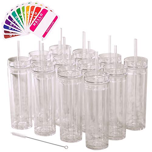 SKINNY TUMBLERS 24 Clear Acrylic Tumblers with Lids and Straws | 16oz Double Wall Clear Plastic Tumblers + FREE Straw Cleaner & Name Tags! Bulk Reusable Cups With Straw - Insulated