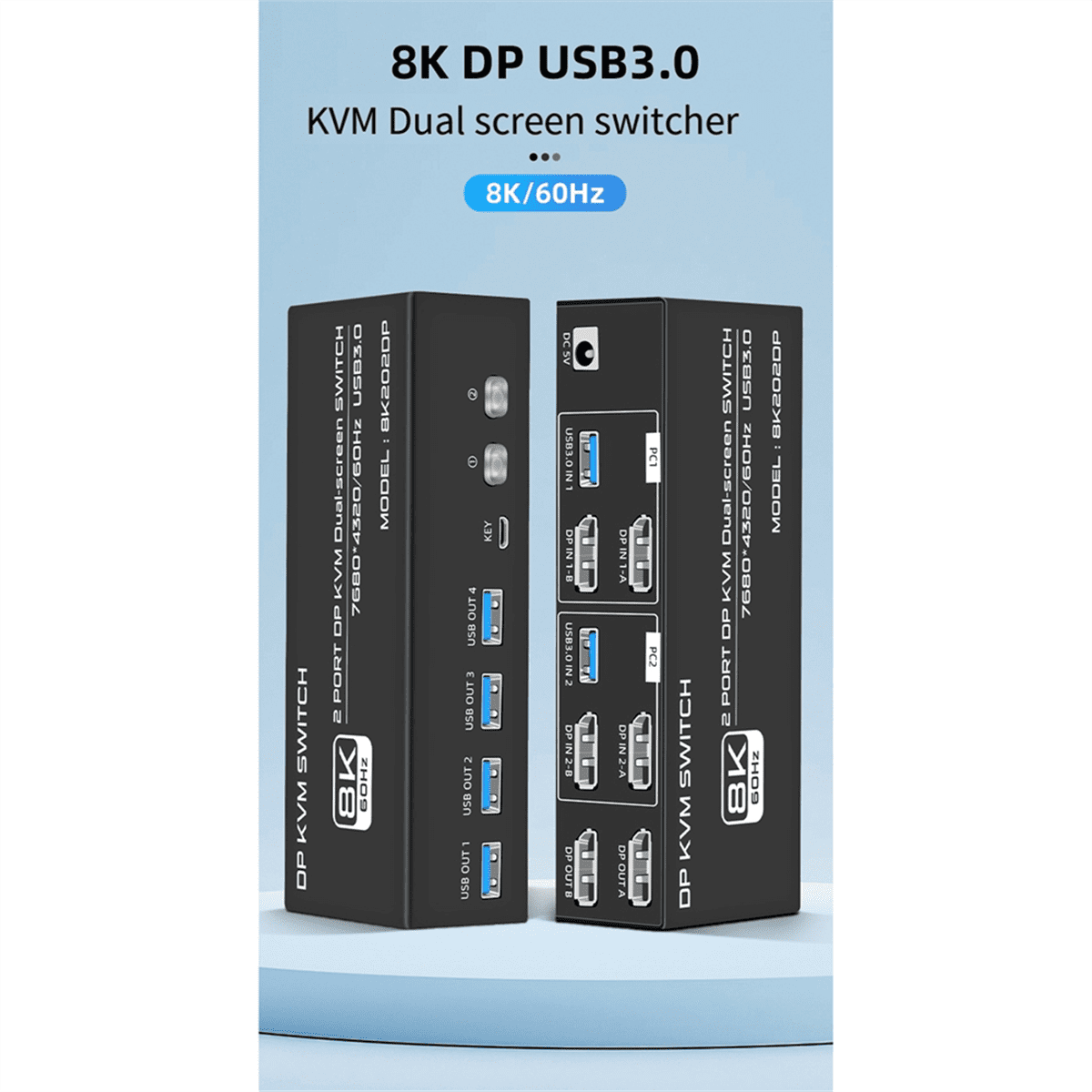 8K DP KVM Switch for 2 Computers USB 3.0 KVM Switch 2 in 2 Out and 4 USB 3.0 Port for Mouse Keyboad Monitor US Plug