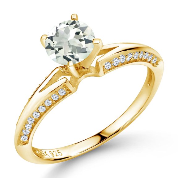 Gem Stone King 1.38 Cttw Round Green Prasiolite Ring for Women | 18K Yellow Gold Plated Silver | Round 6MM | Wedding Engagement Anniversary Promise Ring for Women| Size 7
