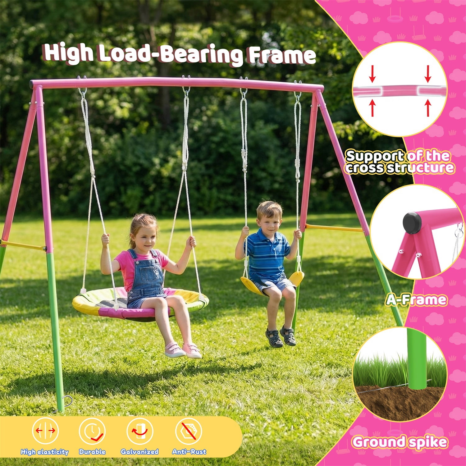 Hommoo 2 Pcs Swing Set with Saucer Swing Seat & Belt Swings Seat, Swing Set with Heavy-Duty A-Frame Metal Outdoor Swing Stand, for Backyard, Pink