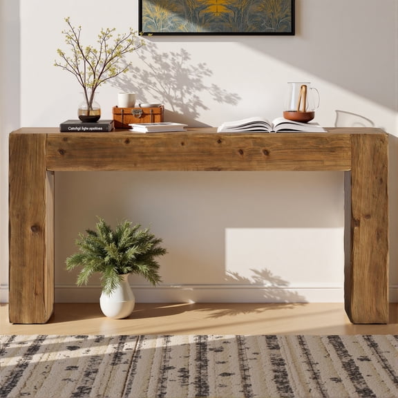 Spaco Rectangular Rustic Console Table with Solid Wood Desktop and Open Base, 63"L x 11.8"W x 31.5"H Console Table for Indoor as Living Room, Bedroom, Brown