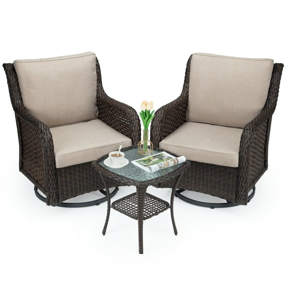 360° Swivel Rocking Wicker Patio Bistro Set, 3-Piece Outdoor Furniture with Cushions & Tempered Glass Side Table, Durable Rattan for Garden, Porch, Backyard – Rattan Density Encryption Apricot Color
