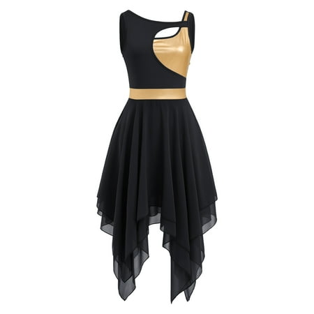 IBTOM CASTLE Women s Lyrical Dance Costume Shiny Metallic Lyrical Dress Asymmetric Flowy Chiffon Skirt Contemporary Dance Clothes M Black