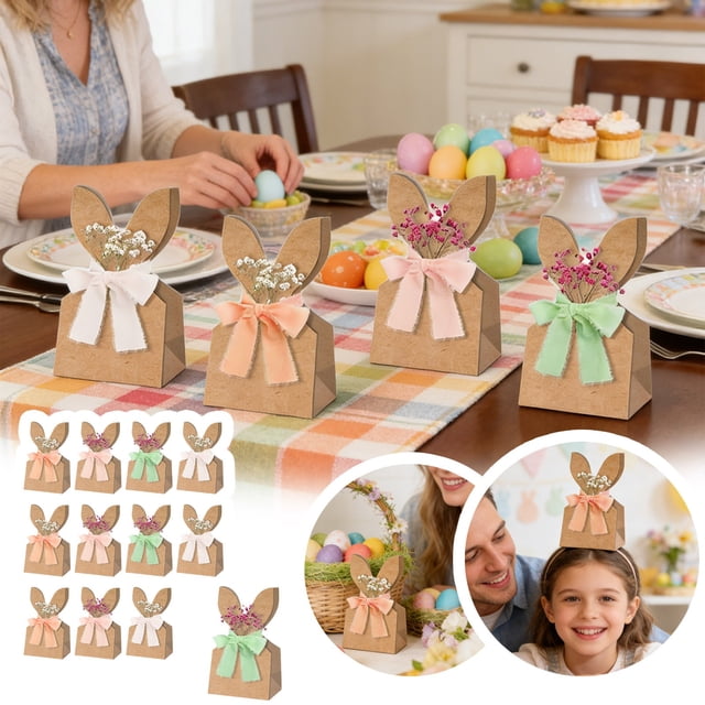 Boho Easter Bunny DIY Gift Bags - Kraft Paper Treat Bags with Neutral Ribbon & Dried Rabbit Ears, 12PC Gift bag 4 Rolls of Rope & 12 PC of Dried Flowers for Party Favors & Spring Celebrations