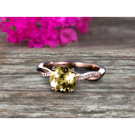 Shining 1.5 Carat 6mm Round Champagne Diamond Moissanite Engagement Ring Solid 10k Rose Gold Wedding Ring twisted Infinity style Gemstone Promise Ring for Life Partner Anniversary Gift