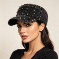 thumbnail image 3 of Byfri Studded Cadet Cap Black Cotton Adjustable Flat Top Hat for Men Women Streetwear, 3 of 7
