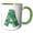 Green/White, variant on 3drose, Cute Green Four Leaf Clover Curly Cue Monogram Initial A, 11oz Two-tone Green Mug